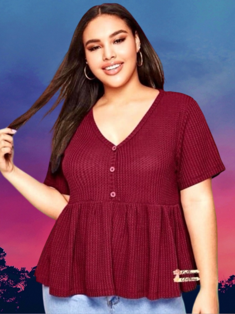 Women’s Boutique plus-size Burgundy Red Stretchy Waffle-knit Peplum Top💜💜3X